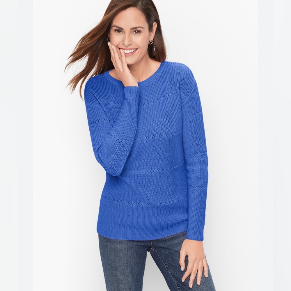 Talbots Plus 2X Pima Bateau Neck Solid Blue Long Sleeve Sweater Cotton